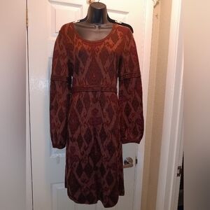 Peruvian Connection Elegant Brown Patterned Midi Dress Sz M
